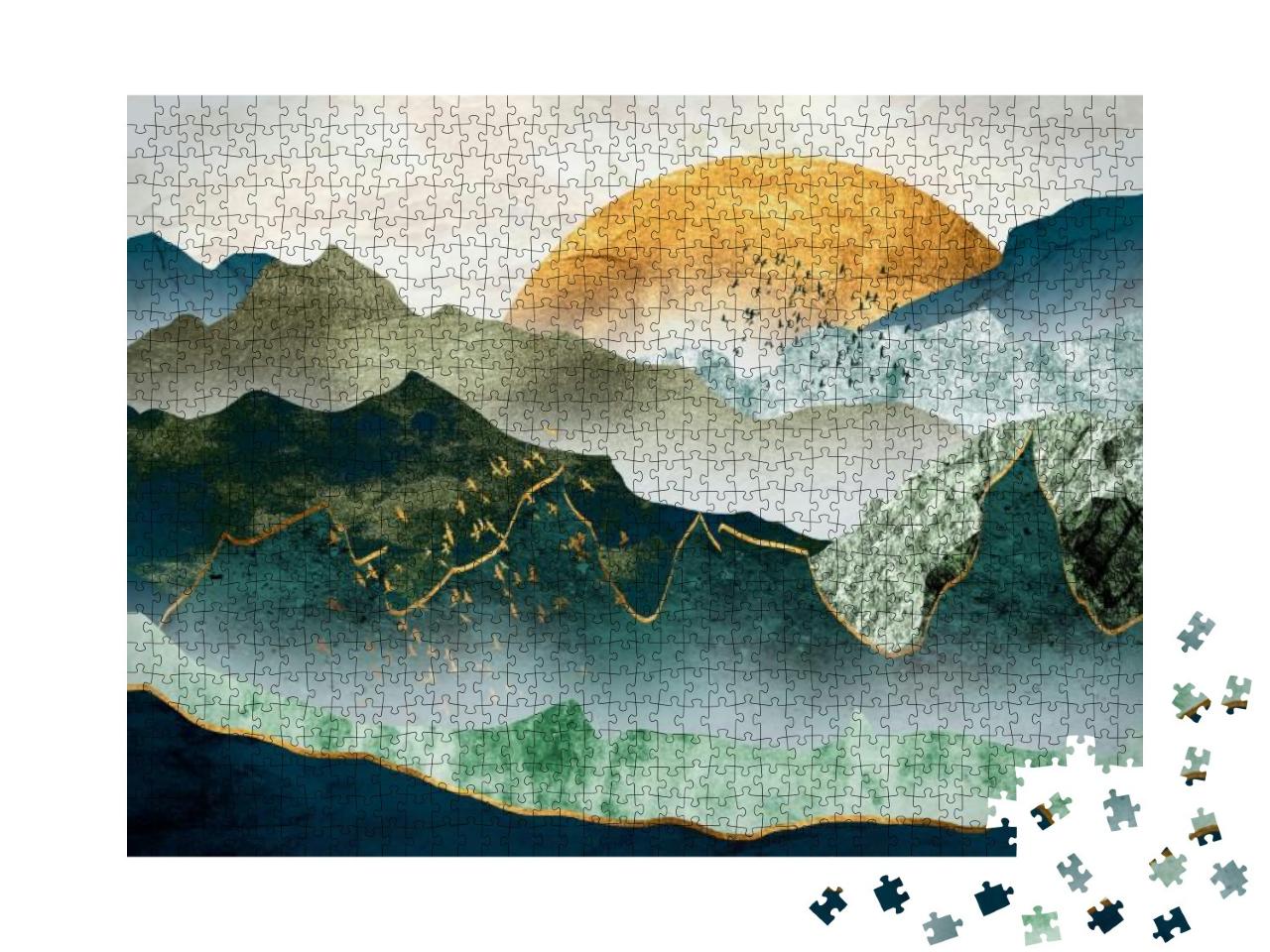 Puzzle 1000 Teile „Grün-goldene Berge bei Sonnenuntergang, Vogelschwarm“