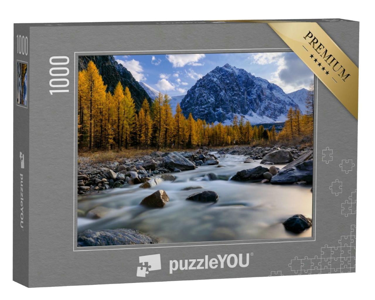 Puzzle 1000 Teile „Aktru-Fluss und Karatasch-Gipfel bei Sonnenuntergang, Westsibirien, Altai“