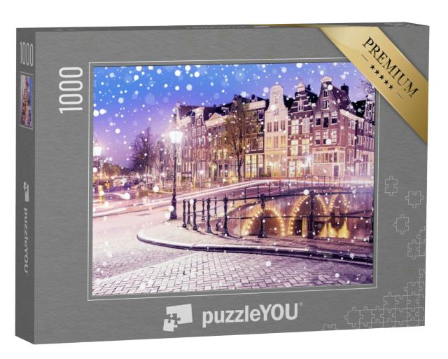 Puzzle 1000 Teile „Amsterdam in einer verschneiten Winternacht, Niederlande“