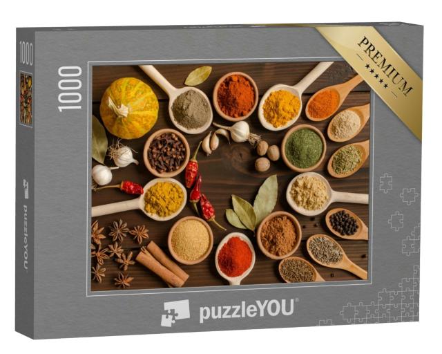 Puzzle 1000 Teile „Set indischer Gewürze auf Holztisch - Ansicht von oben“