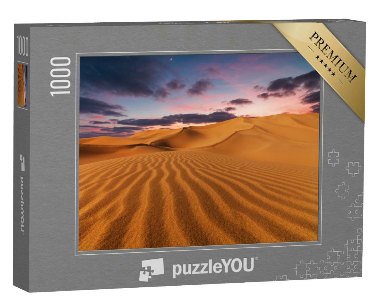 Puzzle 1000 Teile „Sonnenuntergang über den Sanddünen in der Wüste, dunkle Wolken“