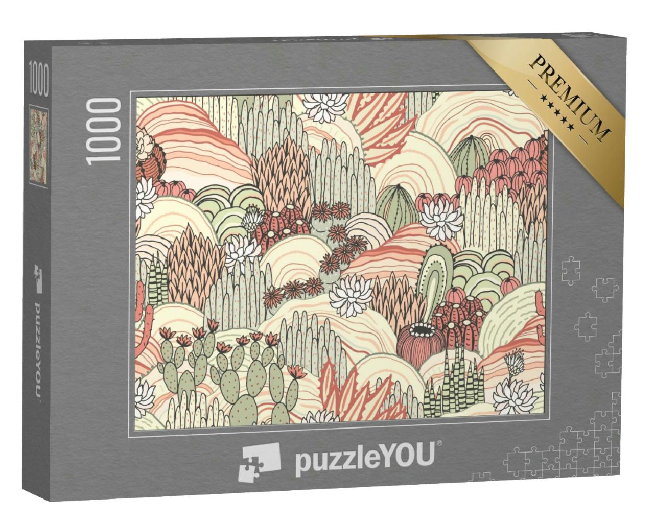 Puzzle 1000 Teile „Vektor-Grafik: Kakteen und Sukkulenten in floraler Landschaft“