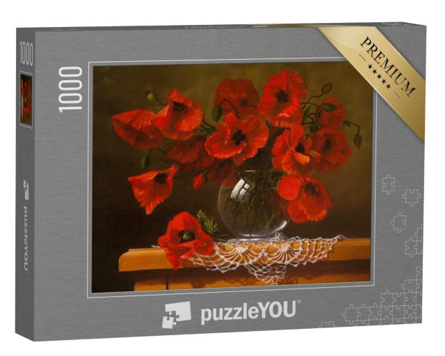 Puzzle 1000 Teile „Ölgemälde auf Leinwand, Mohnblumen in einer Glasvase“