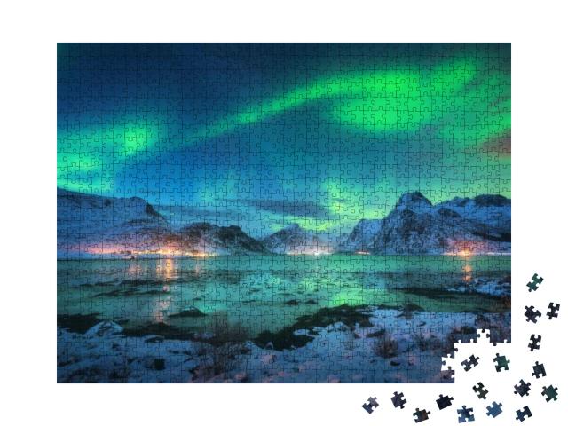 Puzzle 1000 Teile „Polarlicht über der Meeresküste, schneebedeckte Berge, Lofoten“