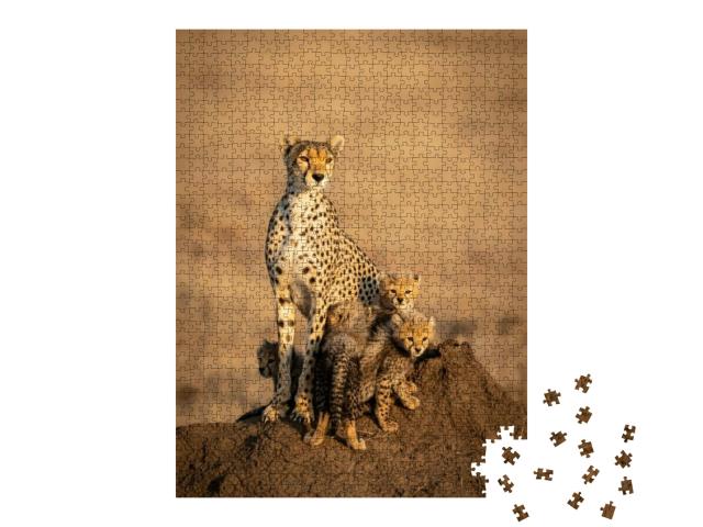 Puzzle 1000 Teile „Gepardenweibchens und ihrer vier kleinen Gepardenbabys“