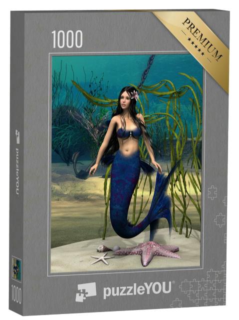 Puzzle 1000 Teile „Digitale Kunst: Meerjungfrau im blauem Fantasy-Ozean“