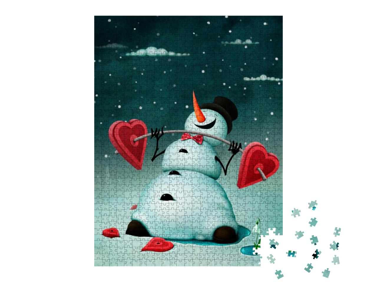 Puzzle 1000 Teile „Grußkarte mit Schneemann für Valentinstag, Weihnachten oder Neujahr“
