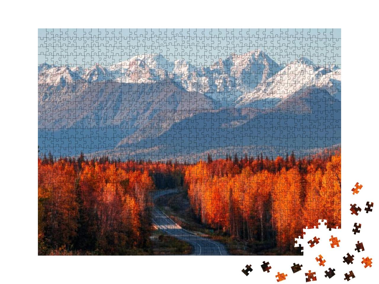 Puzzle 1000 Teile „Blick auf Denali, Mt. Foraker und die Alaska Range vom Parks Highway“