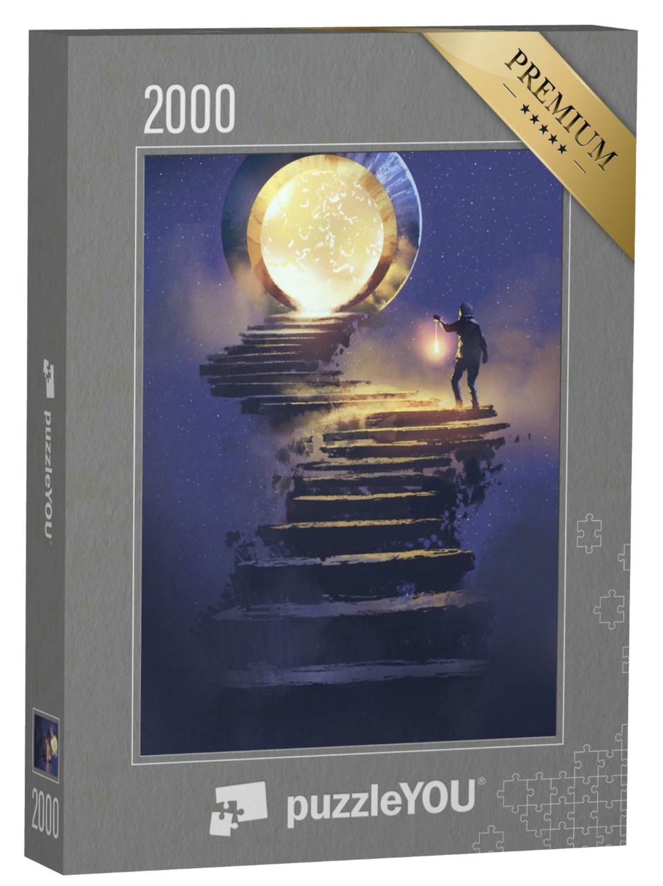 Puzzle 2000 Teile „Mann mit einer Laterne auf Steintreppe, die zu einem Fantasietor führt“