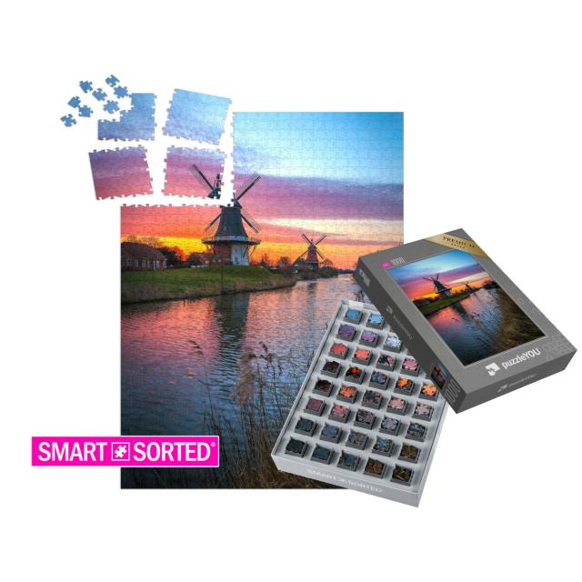 SMART SORTED® | Puzzle 1000 Teile „Zwillingsmühlen von Greetsiel, Ostfriesland bei Sonnenaufgang“