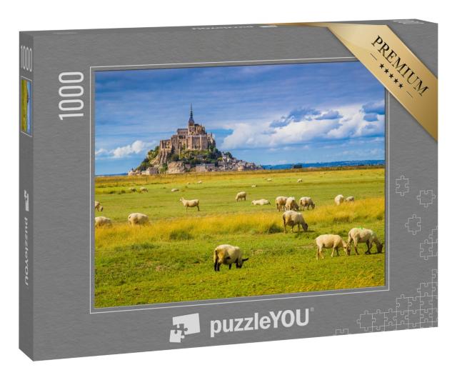 Puzzle 1000 Teile „Le Mont Saint-Michel mit Schafen auf grünen Weisen, Normandie, Frankreich“