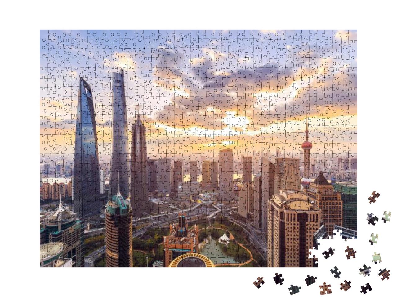 Puzzle 1000 Teile „Skyline und Stadtbild von Shanghai im Sonnenuntergang“