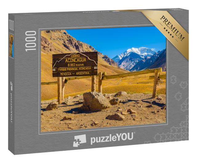 Puzzle 1000 Teile „Cerro Aconcagua, Schild in den Bergen von Argentinien“
