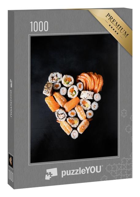 Puzzle 1000 Teile „Sushi-Rollen serviert in Herzform vor einem dunklen Hintergrund, romantisches Essen“
