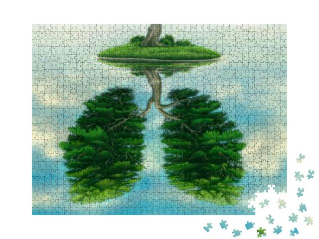 Puzzle 1000 Teile „Illustration: Wasserreflektion eines zweigeteilten Baumes“