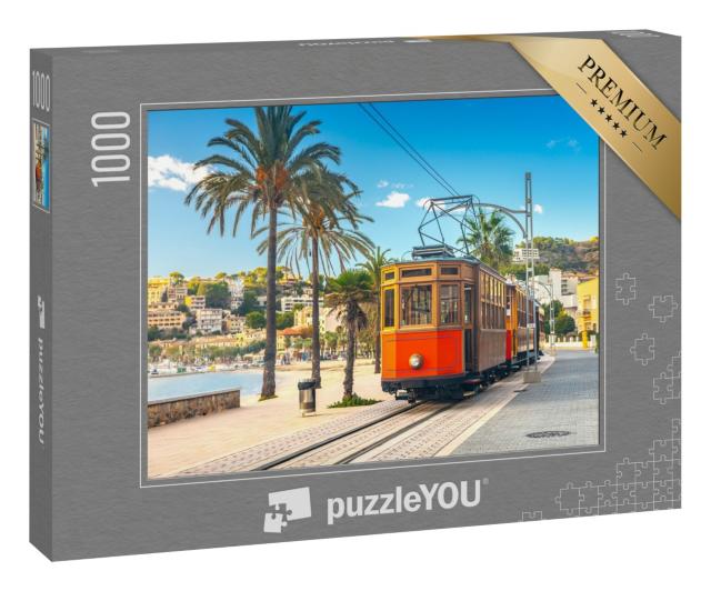 Puzzle 1000 Teile „Berühmte orangefarbene Straßenbahn, von Soller nach Port de Soller, Mallorca, Spanien“