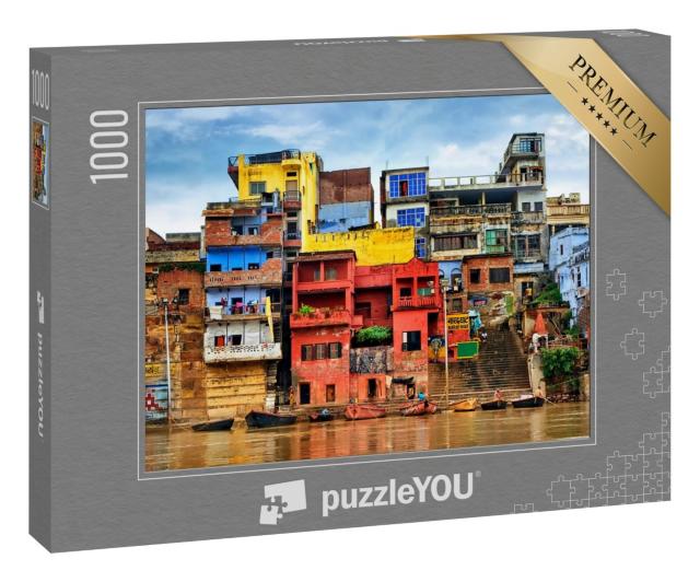 Puzzle 1000 Teile „Wie eine andere Welt: bunte Häuser am Fluss Ganges, Varanasi, Indien“