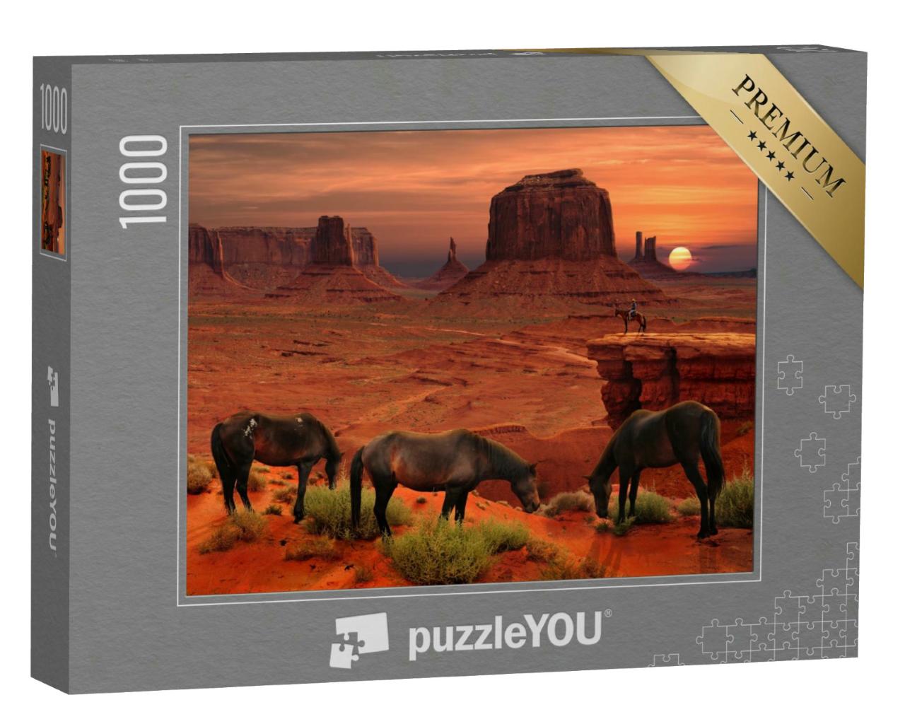 Puzzle 1000 Teile „Pferde am John Ford's Point, Monument Valley Tribal Park, Arizona, USA“