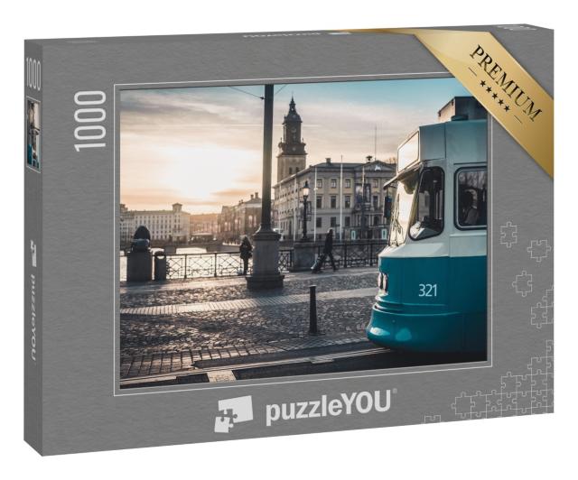 Puzzle 1000 Teile „Sonnenuntergang hinter einer Straßenbahn, Göteborg, Schweden“