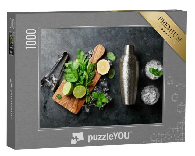 Puzzle 1000 Teile „Zutaten für einen Mojito-Cocktails: Shaker, Minze, Limette, Eis“