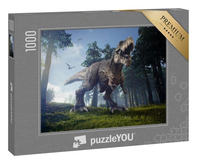 Puzzle 1000 Teile „Jagdgründe eines Tyrannosaurus Rex mit zwei Quetzalcoatlus“
