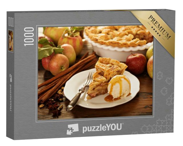 Puzzle 1000 Teile „Köstliche Leckerei: Frischer Apfelkuchen mit Vanilleeis“