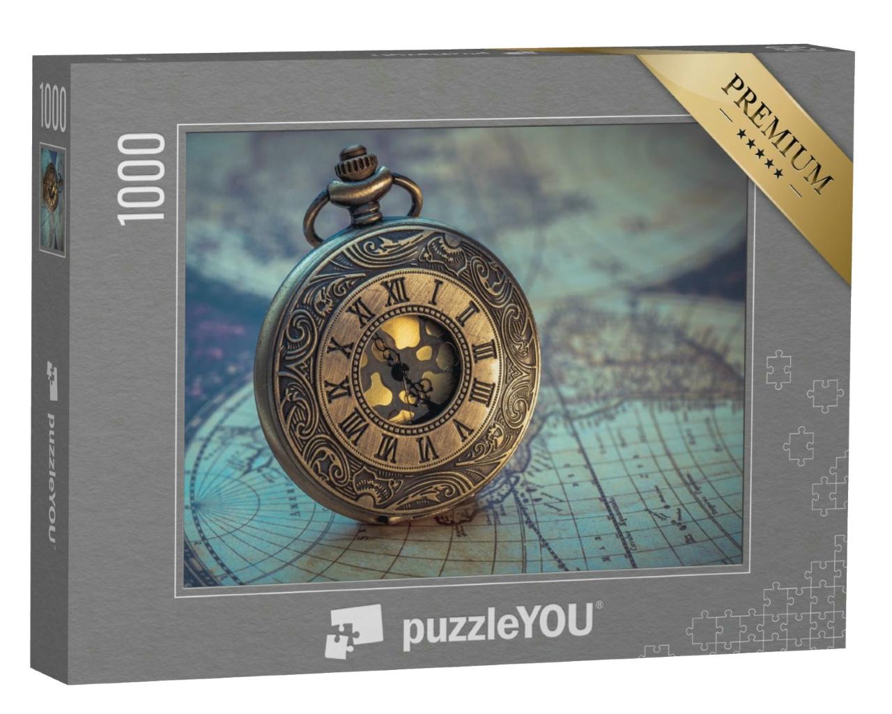 Puzzle 1000 Teile „Antike Uhr auf einer alten Weltkarte, goldene Farbe“