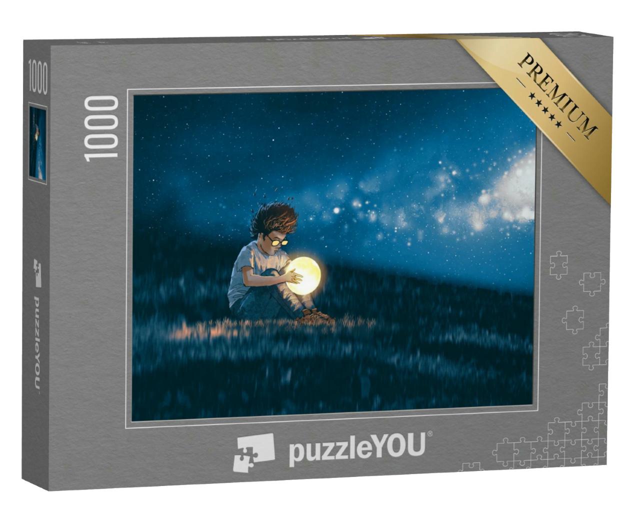 Puzzle 1000 Teile „Digitale Kunst: Der Mond in den Händen eines staunenden Jungen“
