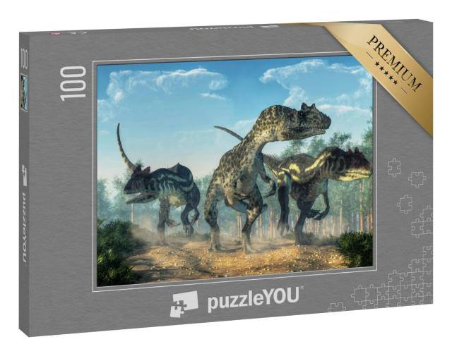 Puzzle 100 Teile „Drei Allosaurier wirbeln Staub auf, Jäger auf Beutezug“
