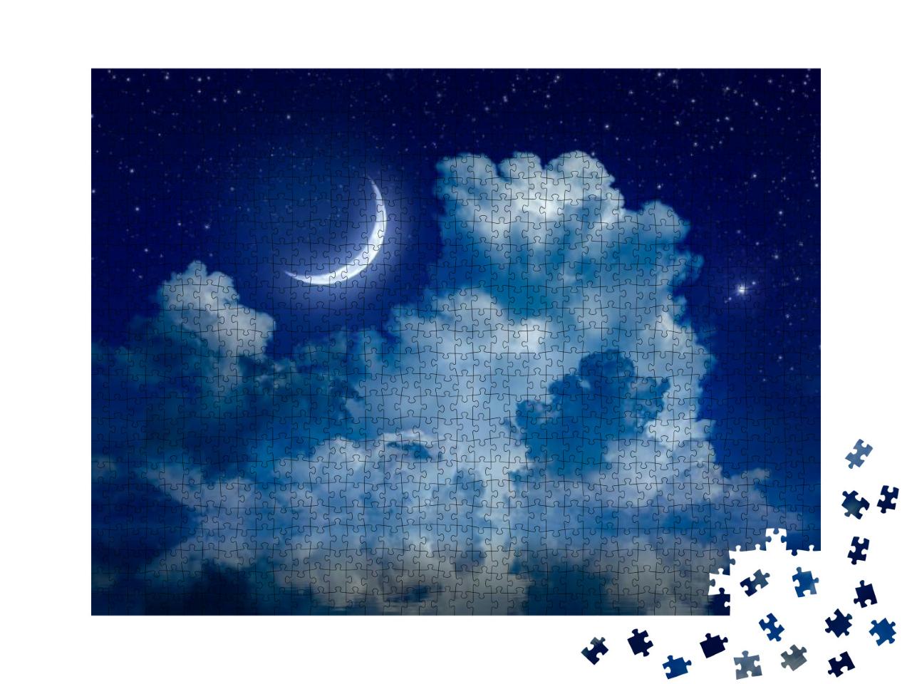 Puzzle 1000 Teile „Wundervolle Mondsichel im nächtlichen Sternenhimmel über dem Meer“