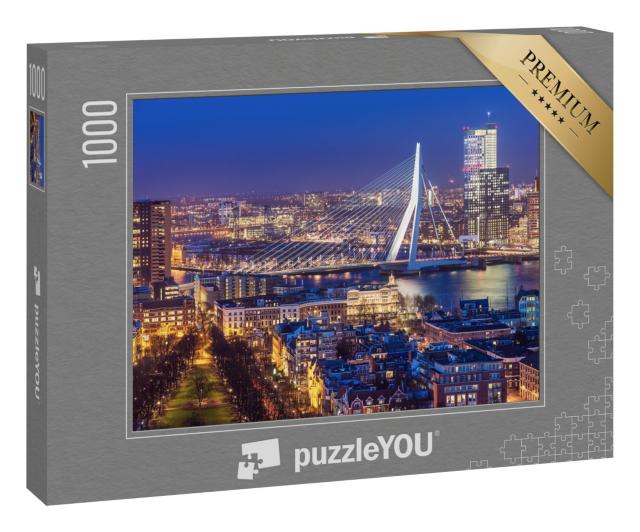 Puzzle 1000 Teile „Skyline von Rotterdam mit Erasmusbrücke, Niederlande“