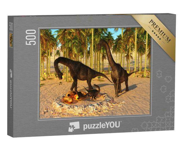 Puzzle 500 Teile „Dinosaurier-Baby: Nest mit 3D-Illustration, Brachiosaurus-Eltern und Dino-Eier“