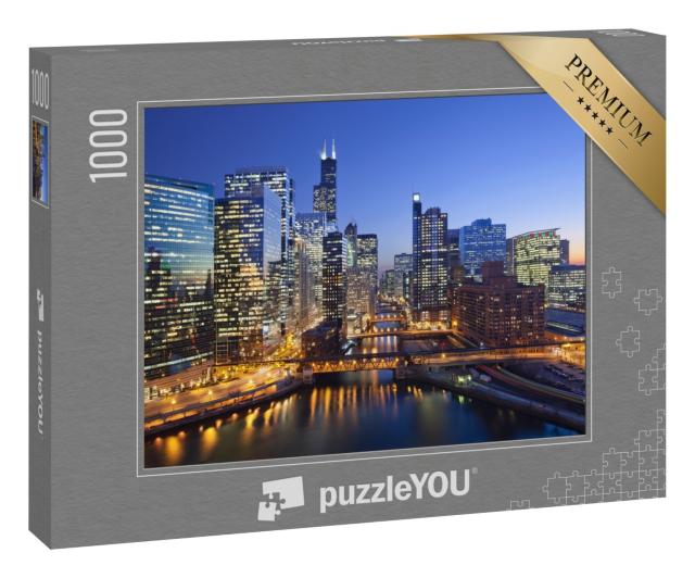 Puzzle 1000 Teile „Bild von Chicago Downtown und Chicago River mit Brücken bei Sonnenuntergang“