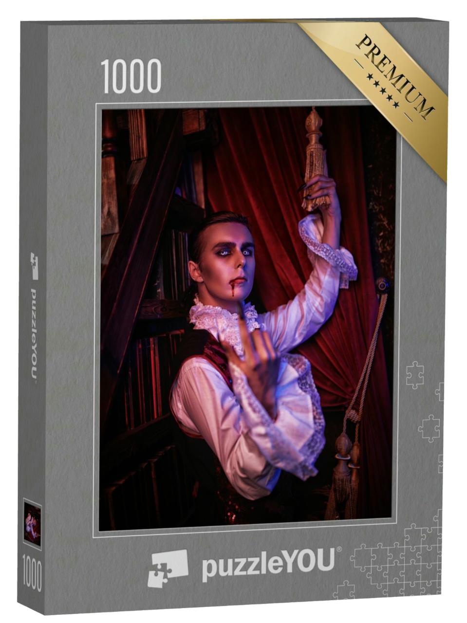 Puzzle 1000 Teile „Halloween: Porträt eines Vampir-Aristokraten, der dem Betrachter zuwinkt“