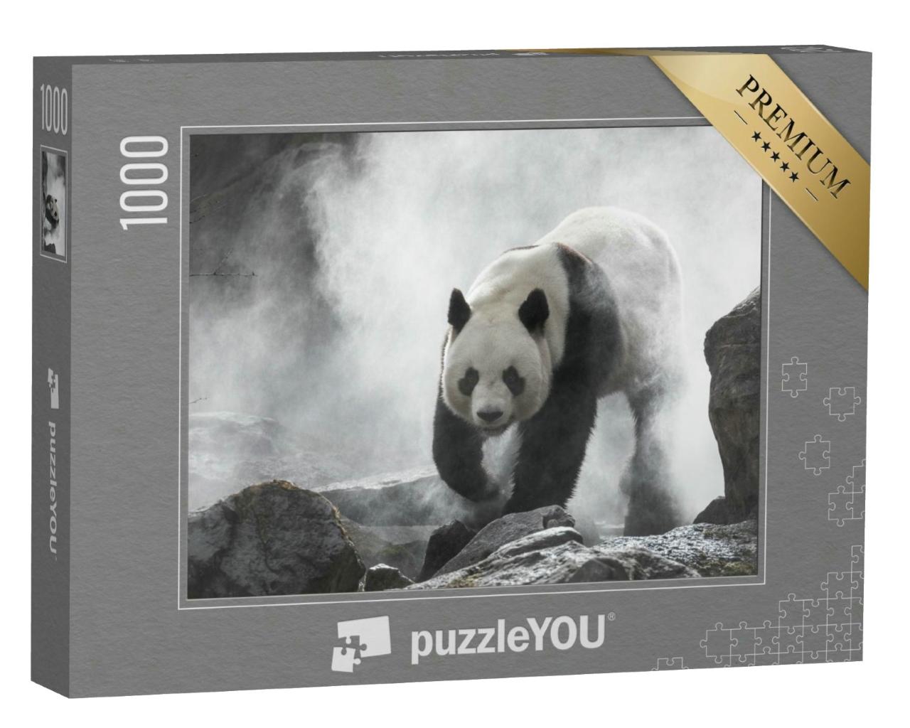 Puzzle 1000 Teile „Großer Panda im Nebel, schwarz-weiß“
