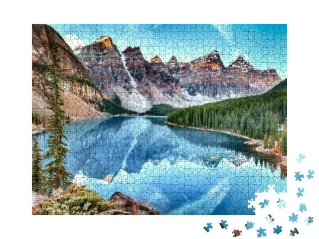 Puzzle 1000 Teile „Klarer Bergsee im malerischen Bergpanorama, Alberta, Kanada“