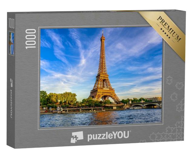 Puzzle 1000 Teile „Der Eiffelturm und Fluss Seine bei Sonnenuntergang in Paris, Frankreich“