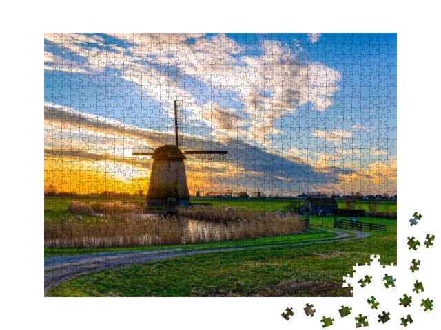 Puzzle 1000 Teile „Windmühle im Sonnnuntergang, Niederlande“