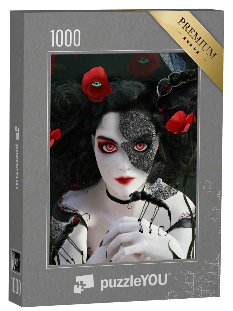 Puzzle 1000 Teile „Dunkles Gothic-Porträt: Frau mit surrealen Mohnblumen und Schmetterlingen“