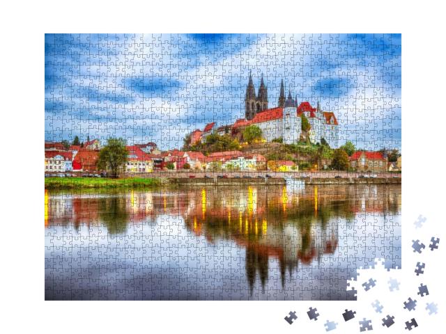 Puzzle 1000 Teile „Albrechtsburg und der Dom an der Elbe mit dramatischem Sonnenuntergang, Meißen“