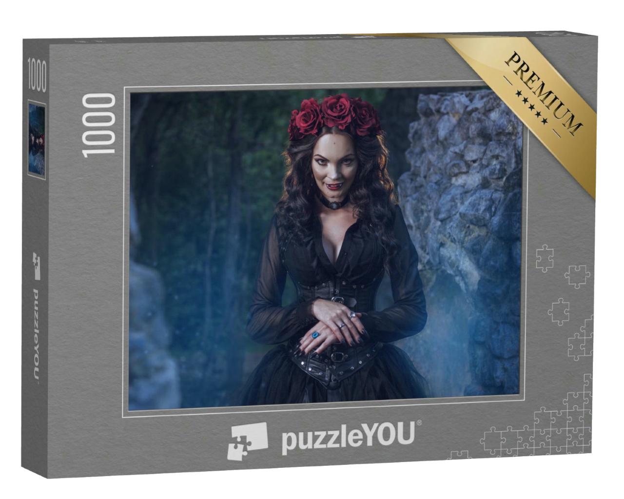 Puzzle 1000 Teile „Vampirin in einer alten Burgruine bei Nacht, Blumenkranz aus Rosen“