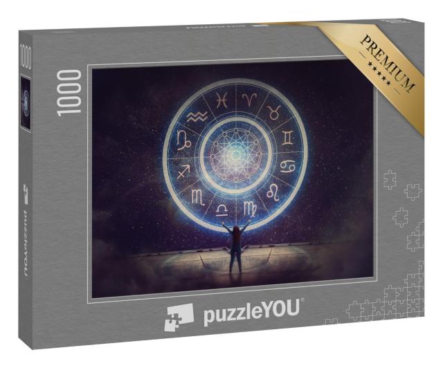Puzzle 1000 Teile „Frau hebt Hände und schaut in den Nachthimmel, Tierkreiszeichen“