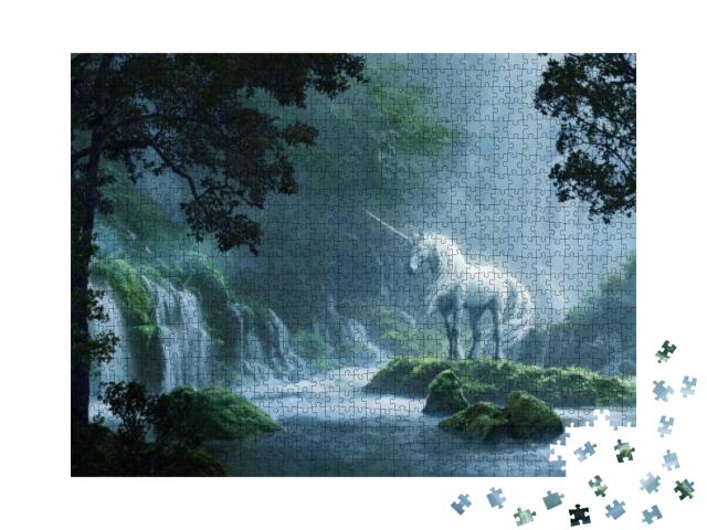 Puzzle 1000 Teile „Ein schönes Einhorn in einem magischen Wald, digitale Illustration“