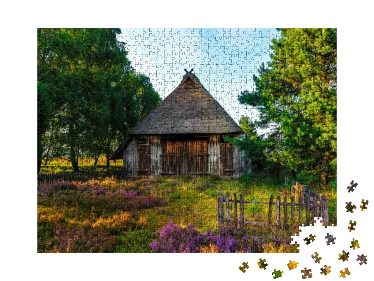 Puzzle 1000 Teile „Lüneburger Heide: Bild mit Schafshütte, Deutschland“