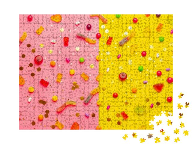 Puzzle 1000 Teile „Verschiedene Gummibärchen auf einem gelb-rosa Hintergrund“