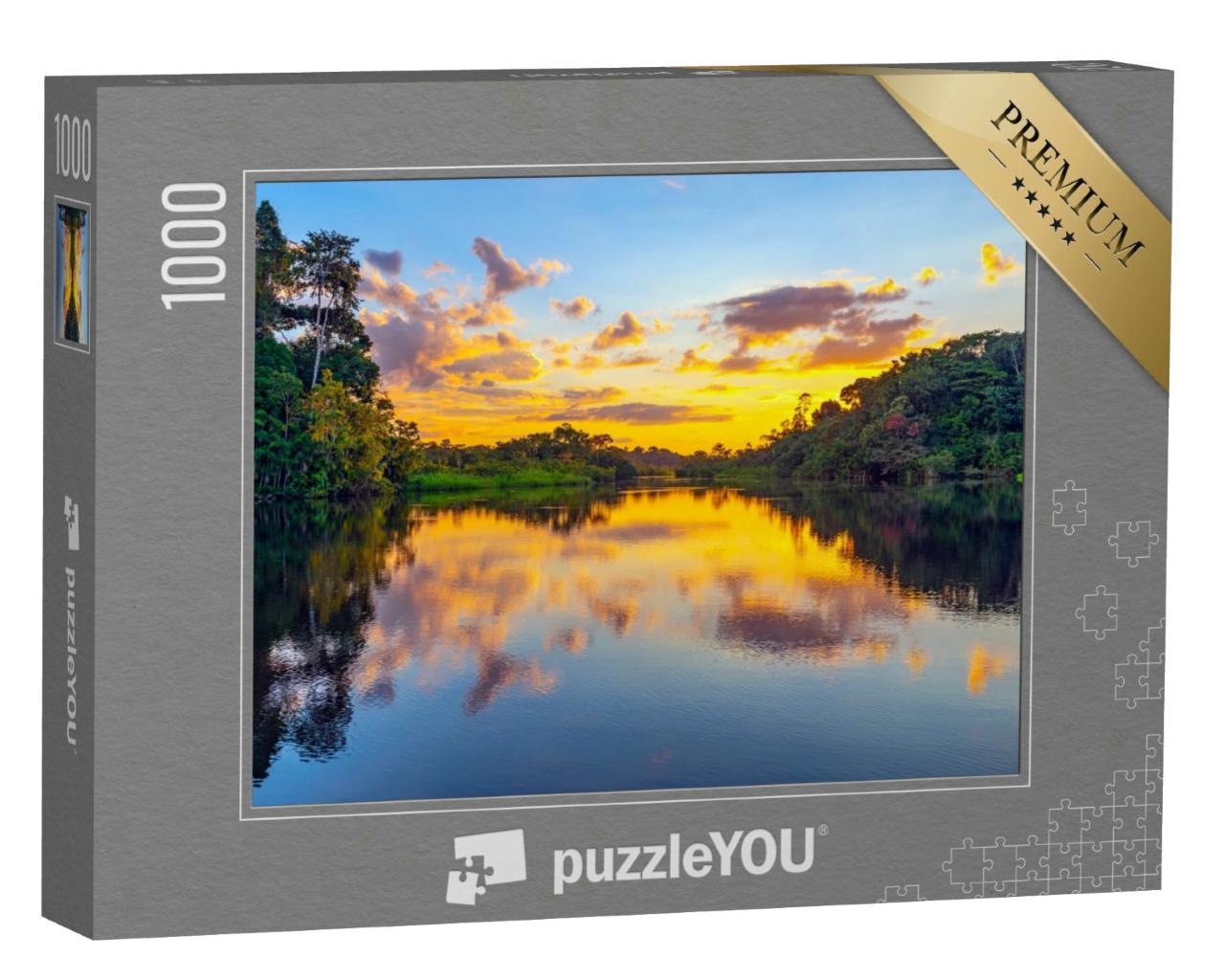 Puzzle 1000 Teile „Magischer Sonnenuntergang: Farbenspiel im Regenwals des Amazonas“