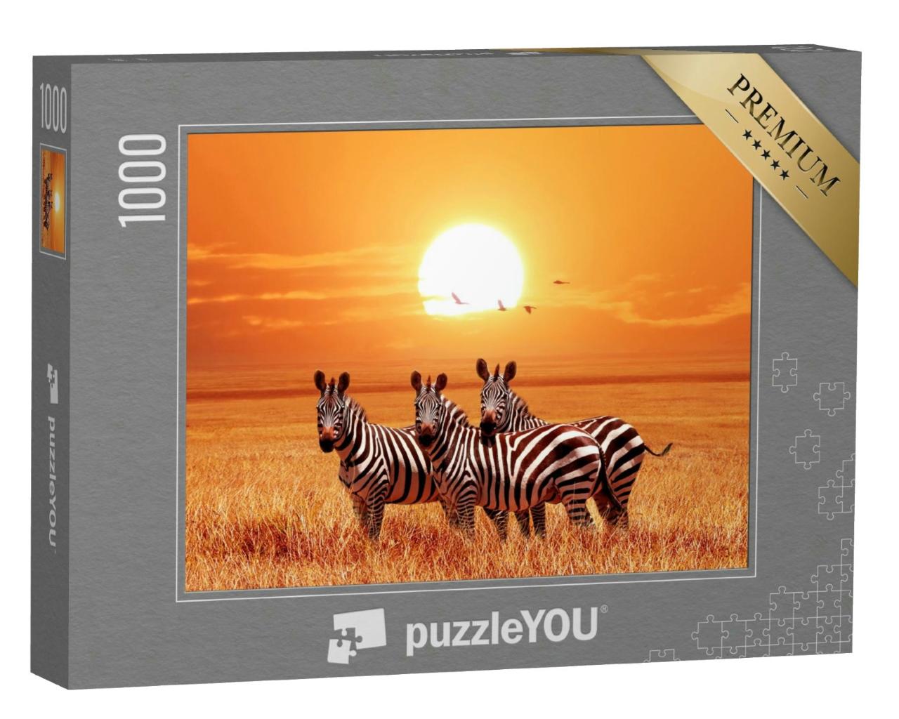 Puzzle 1000 Teile „Zebras im goldenen Sonnenuntergang, Serengeti-Nationalpark, Tansania“