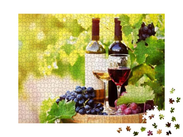 Puzzle 1000 Teile „Leckerer Wein auf einem Holzfass auf einem Weinberg“