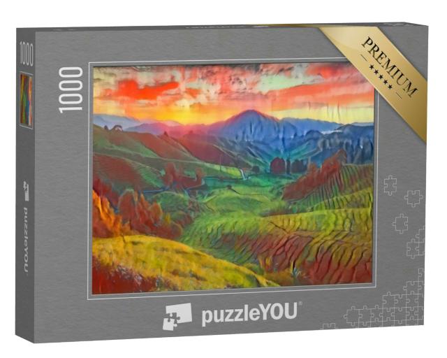 Puzzle 1000 Teile „im Kunst-Stil von Franz Marc - Sungai Palas Teeplantage in Cameron Highlands, Pahang, Malaysia“