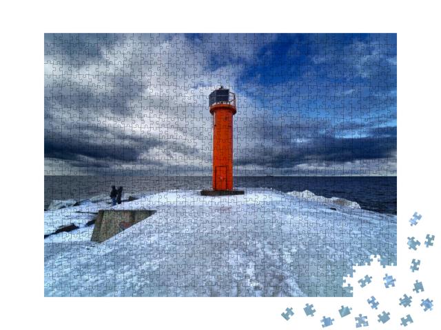 Puzzle 1000 Teile „Winter an der Ostseeküste: Leuchtturm im Eis“